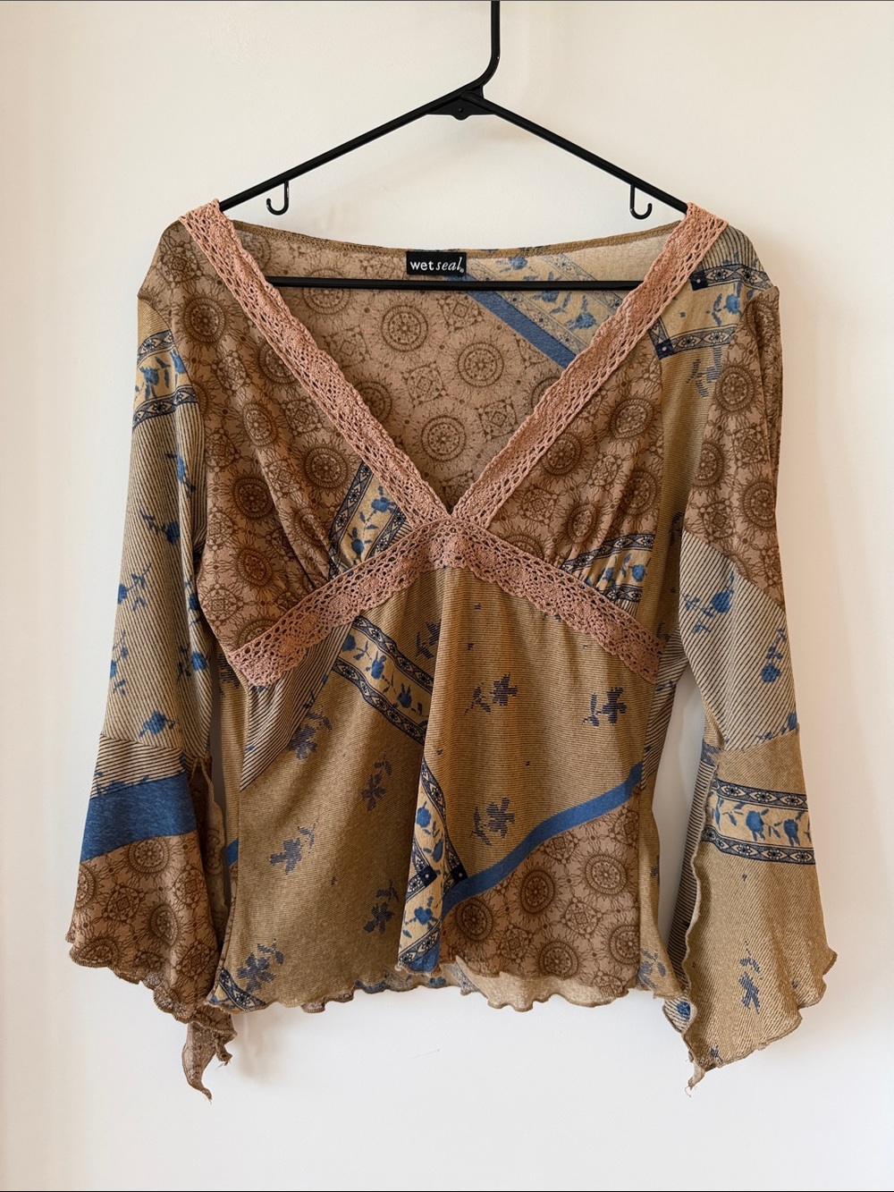 Vintage 2000s Wet Seal Paisley Patchwork Mesh Bell Sleeve Top